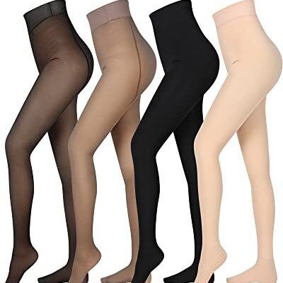 4 Pairs Fleece Lined Tights Women One Size Black, Brown, Nude Footed 200 g